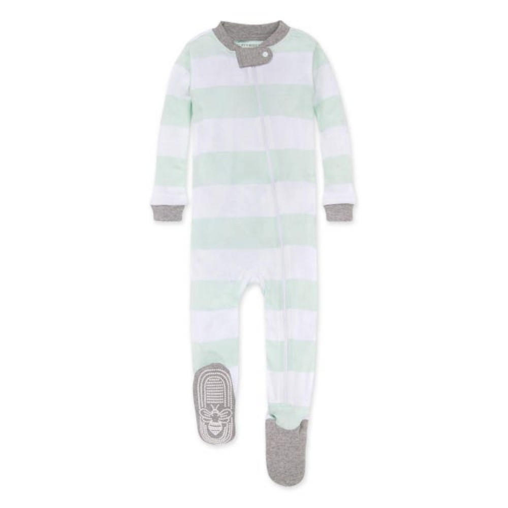 Burt's Bees Seaglass Rugby Stripe Organic Baby Zip Front Snug Fit Footed Pajamas
